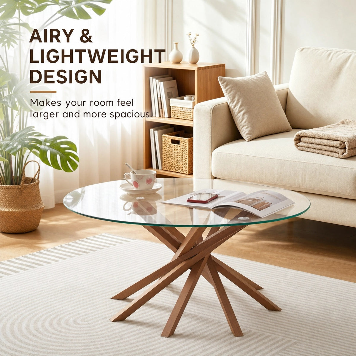 Round Glass Coffee Table-Mid Century Modern Solid Wood Coffee Table Unique Glass Top&Solid Wood Mortise Interlocking Starburst Legs Design for Living Room,Office,Hotel Lobby