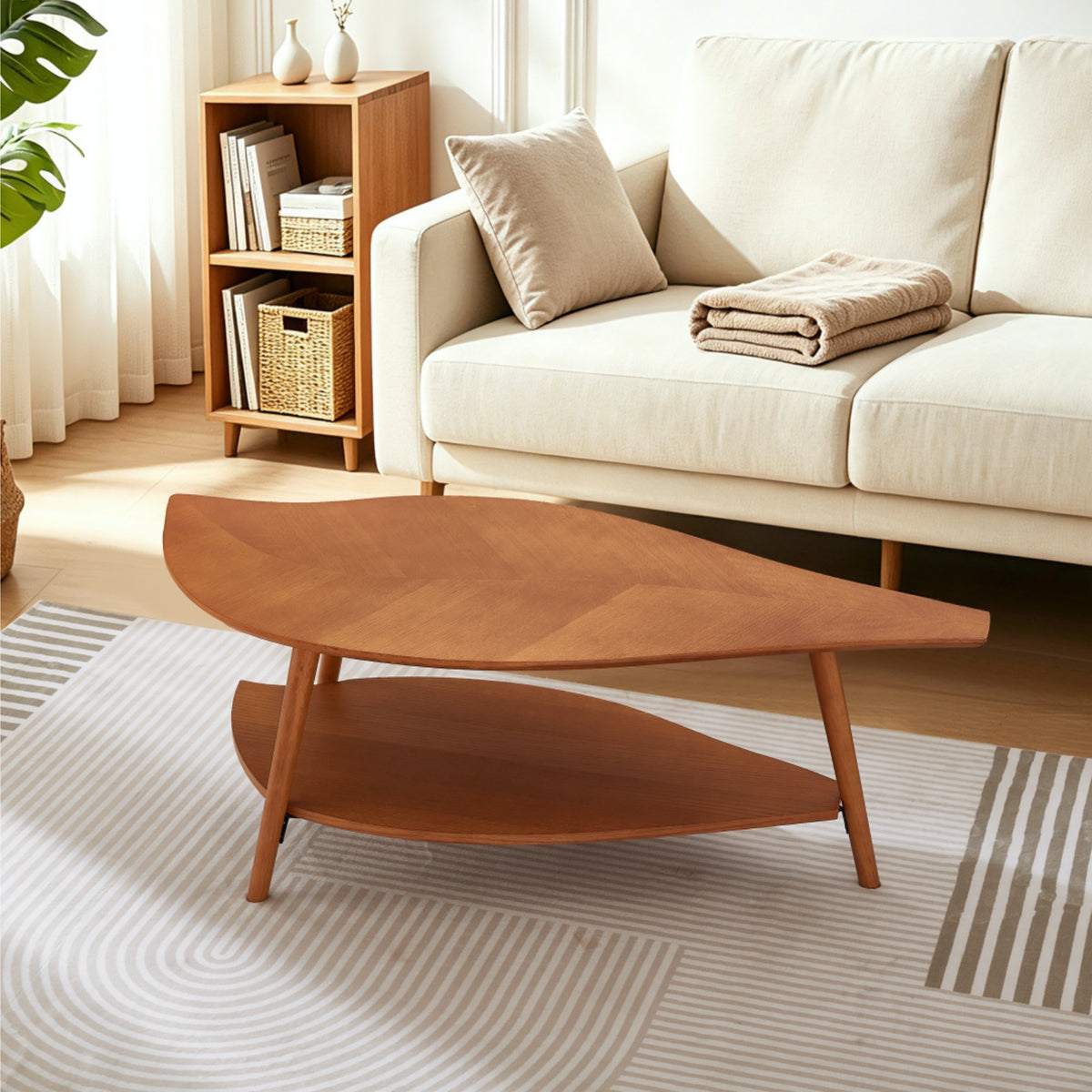 Durisen Mid Century Modern Coffee Table with Storage - 48" Leaf Shaped Wood Center Table - Real Wood Veneer & Solid Legs - Retro Surfboard Design for Living Room, Apartment & Small Spaces,Walnut / Black Options