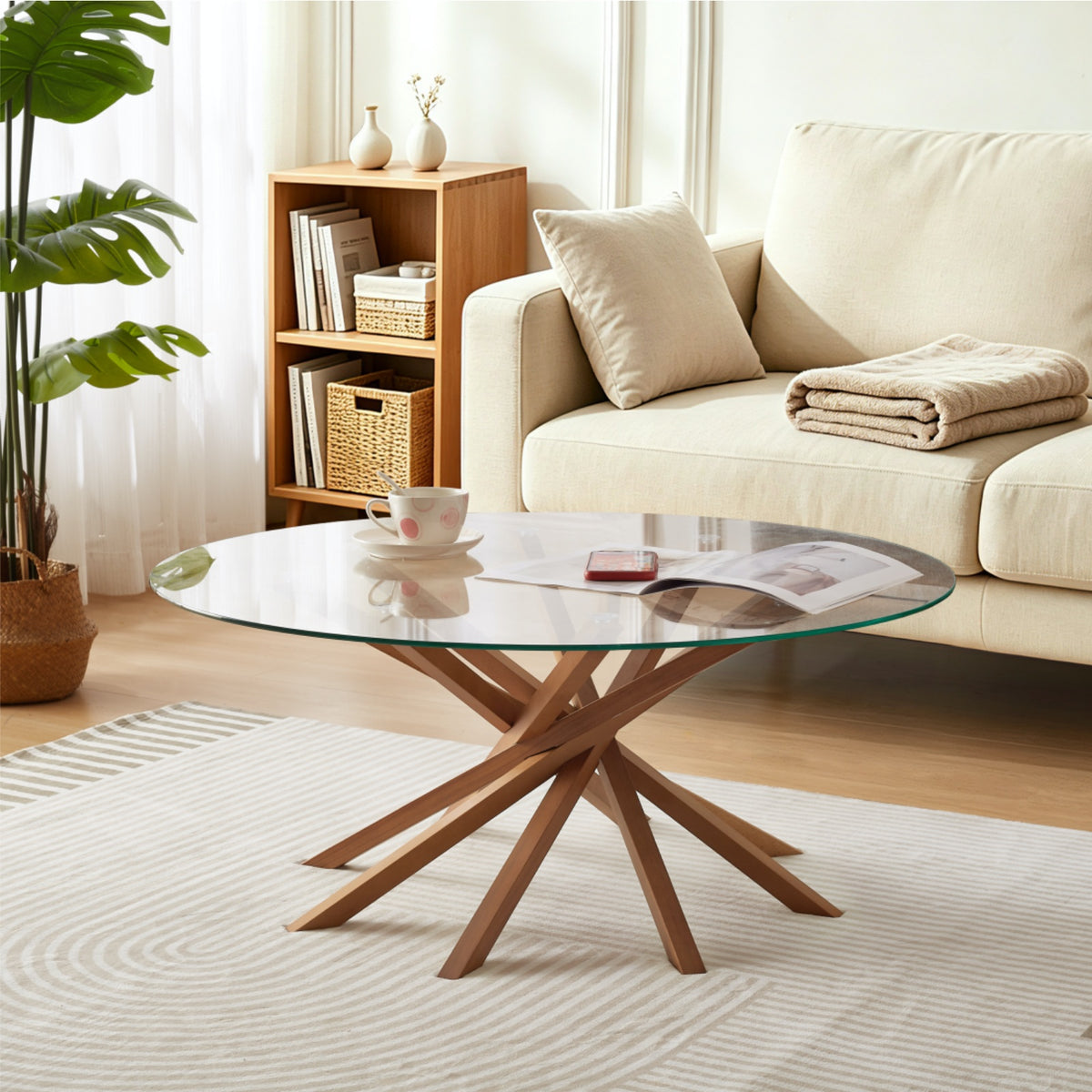Round Glass Coffee Table-Mid Century Modern Solid Wood Coffee Table Unique Glass Top&Solid Wood Mortise Interlocking Starburst Legs Design for Living Room,Office,Hotel Lobby