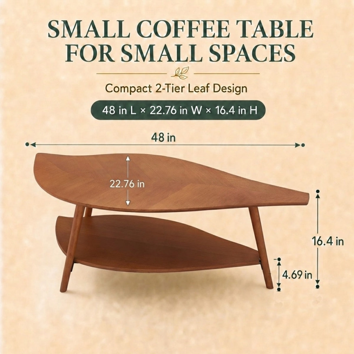 Durisen Mid Century Modern Coffee Table with Storage - 48" Leaf Shaped Wood Center Table - Real Wood Veneer & Solid Legs - Retro Surfboard Design for Living Room, Apartment & Small Spaces,Walnut / Black Options