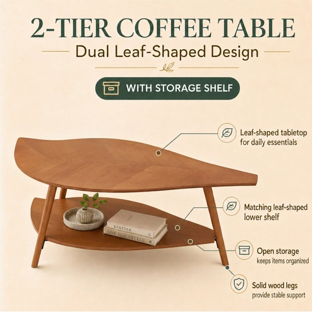 Durisen Mid Century Modern Coffee Table with Storage - 48" Leaf Shaped Wood Center Table - Real Wood Veneer & Solid Legs - Retro Surfboard Design for Living Room, Apartment & Small Spaces,Walnut / Black Options