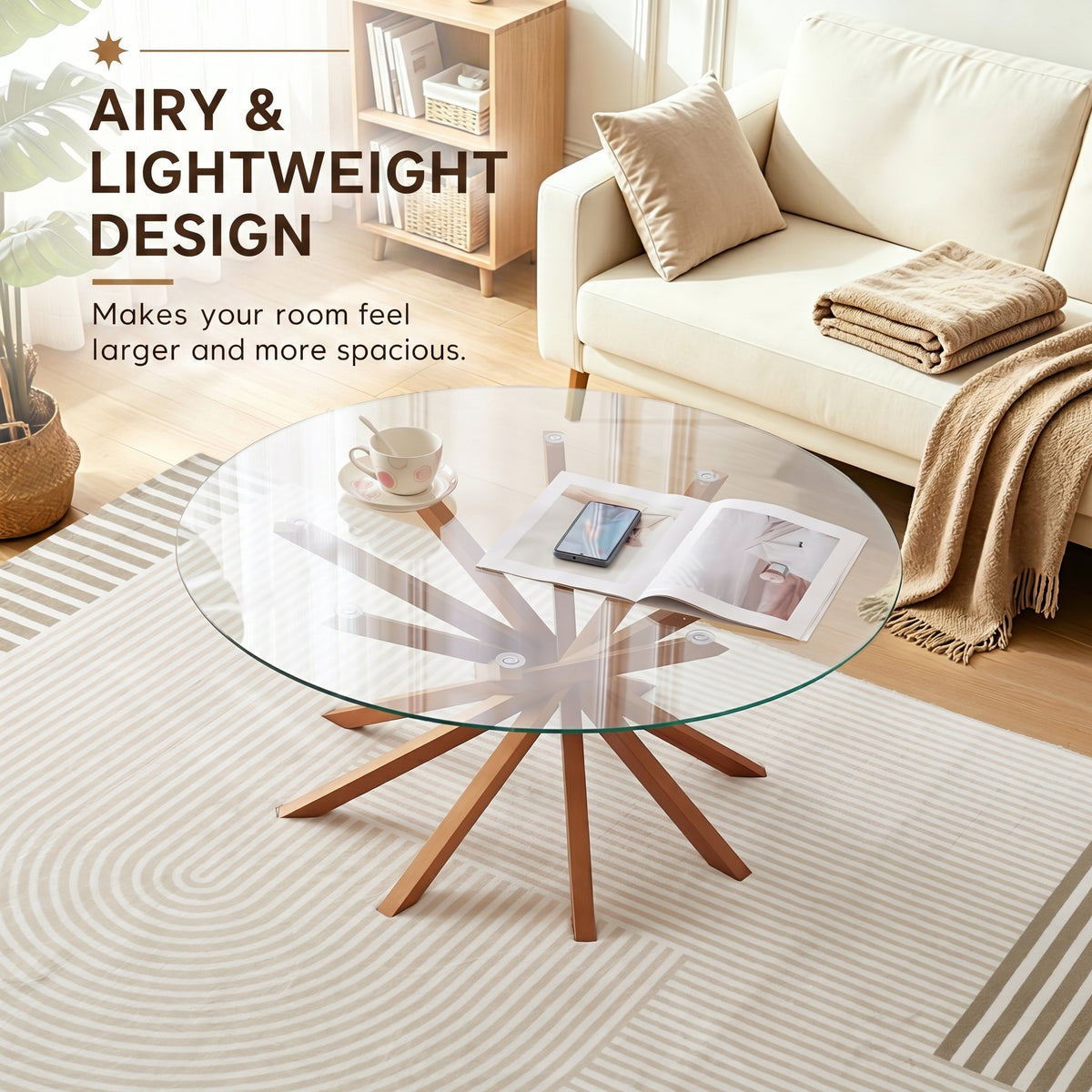 Round Glass Coffee Table-Mid Century Modern Solid Wood Coffee Table Unique Glass Top&Solid Wood Mortise Interlocking Starburst Legs Design for Living Room,Office,Hotel Lobby