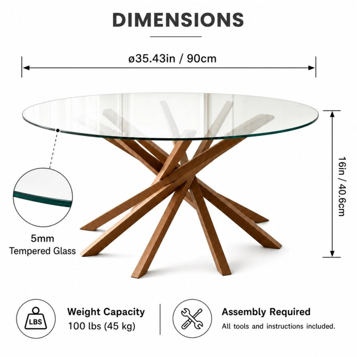 Round Glass Coffee Table-Mid Century Modern Solid Wood Coffee Table Unique Glass Top&Solid Wood Mortise Interlocking Starburst Legs Design for Living Room,Office,Hotel Lobby