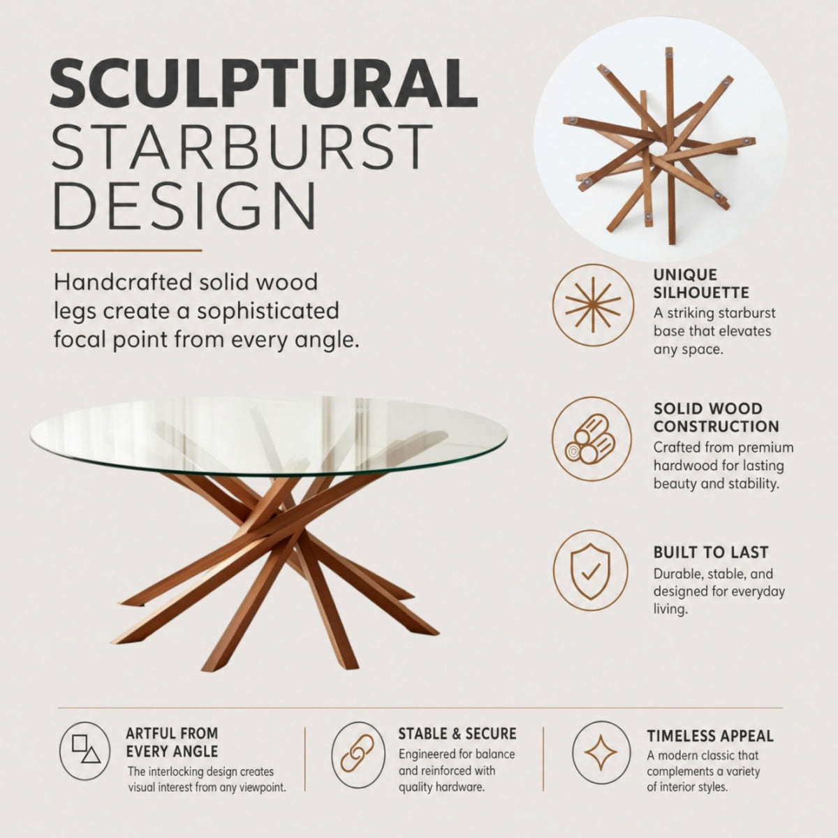 Round Glass Coffee Table-Mid Century Modern Solid Wood Coffee Table Unique Glass Top&Solid Wood Mortise Interlocking Starburst Legs Design for Living Room,Office,Hotel Lobby