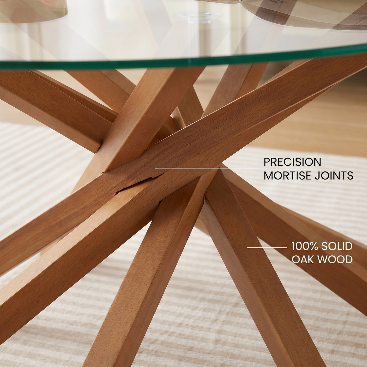 Round Glass Coffee Table-Mid Century Modern Solid Wood Coffee Table Unique Glass Top&Solid Wood Mortise Interlocking Starburst Legs Design for Living Room,Office,Hotel Lobby