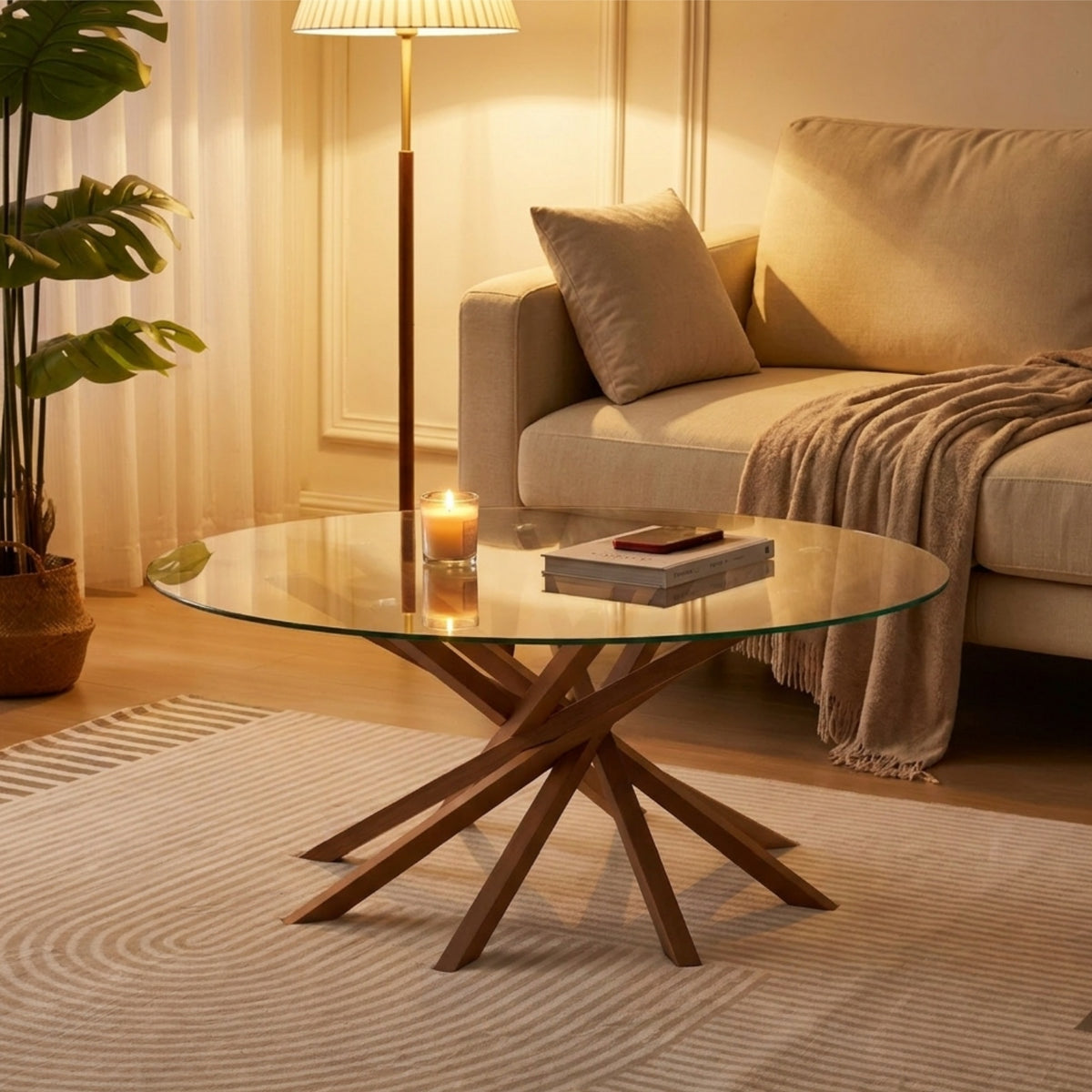 Round Glass Coffee Table-Mid Century Modern Solid Wood Coffee Table Unique Glass Top&Solid Wood Mortise Interlocking Starburst Legs Design for Living Room,Office,Hotel Lobby
